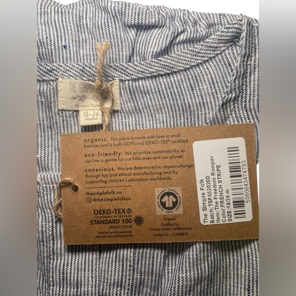 The Simple Folk French Stripe Blue White Linen Romper 18-24M NWT Organic Cotton - Picture 5 of 5